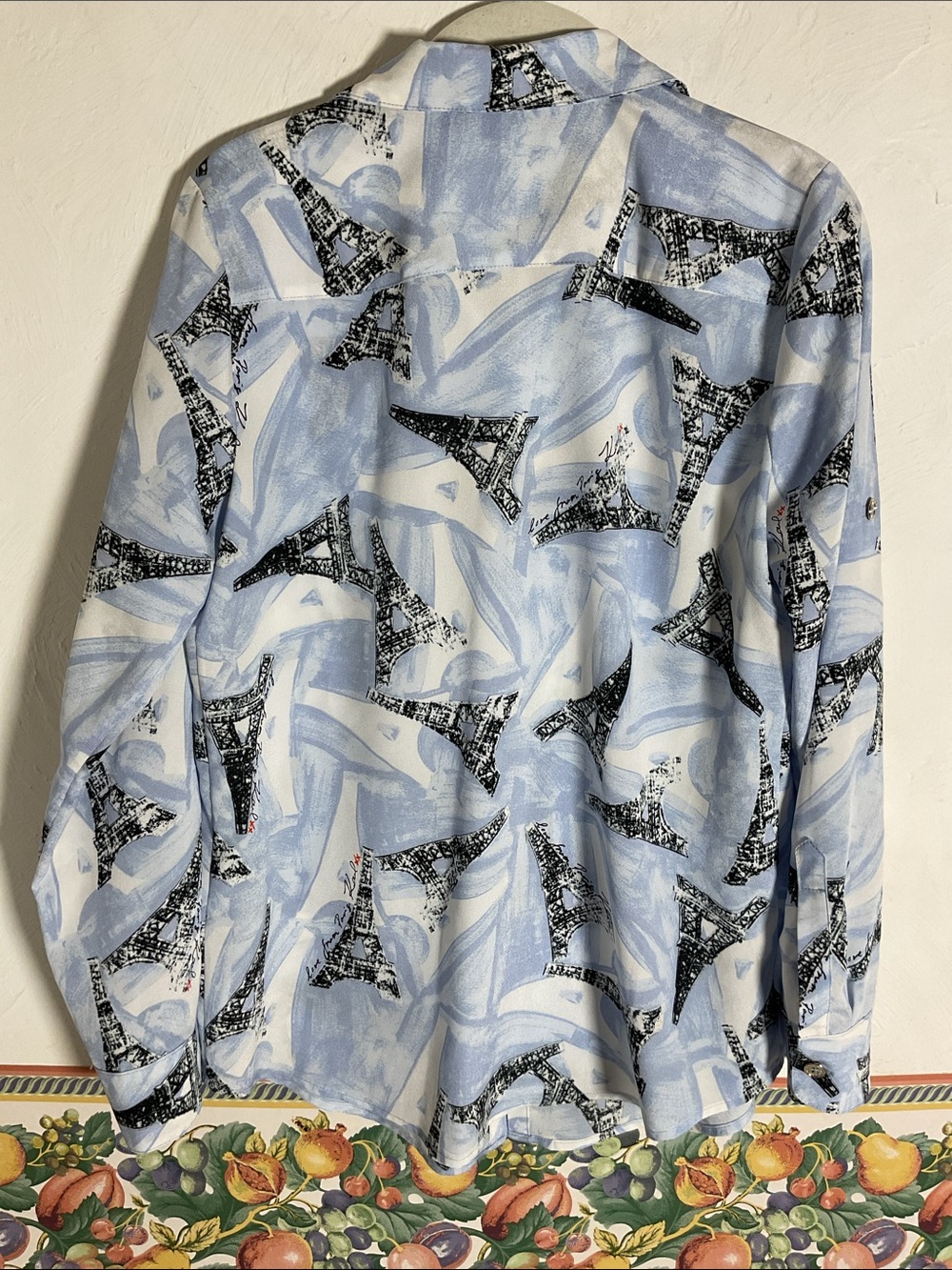 Karl Lagerfeld Paris Whimsical Eiffel Tower Roll-Tab Blouse Size S Blue - Picture 6 of 8